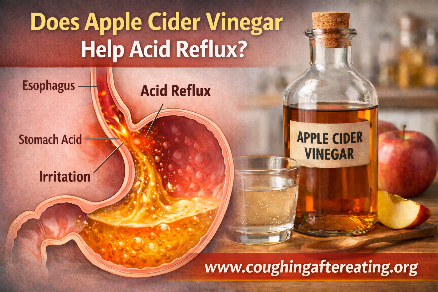 Does apple cider vinegar help acid reflux? Medical illustration showing stomach acid refluxing into the esophagus beside apple cider vinegar.
