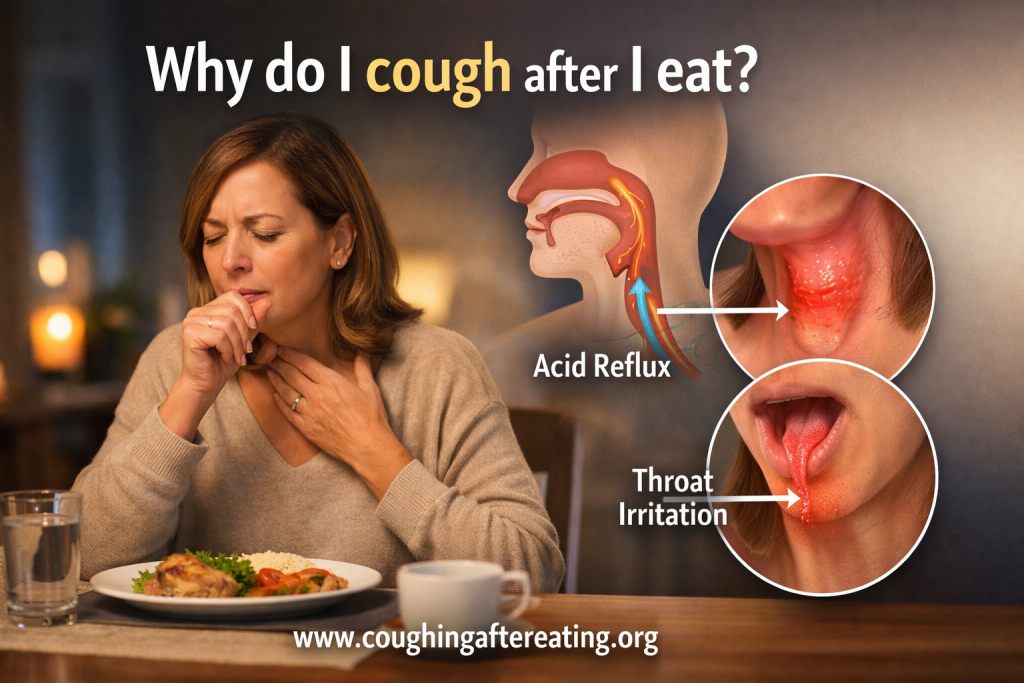 Woman coughing after eating, illustrating why coughing can occur after meals due to throat irritation or reflux