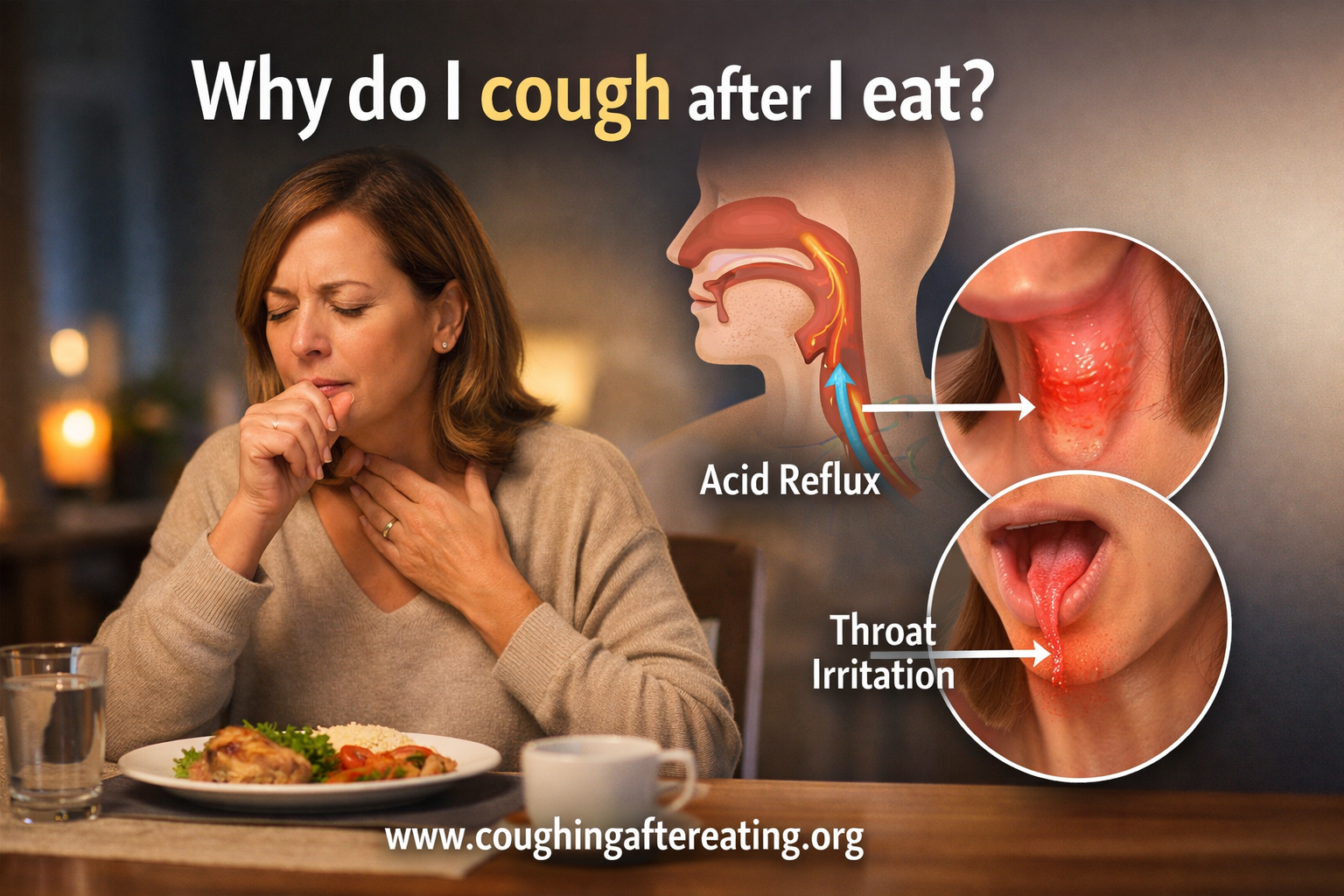 Woman coughing after eating, illustrating why coughing can occur after meals due to throat irritation or reflux