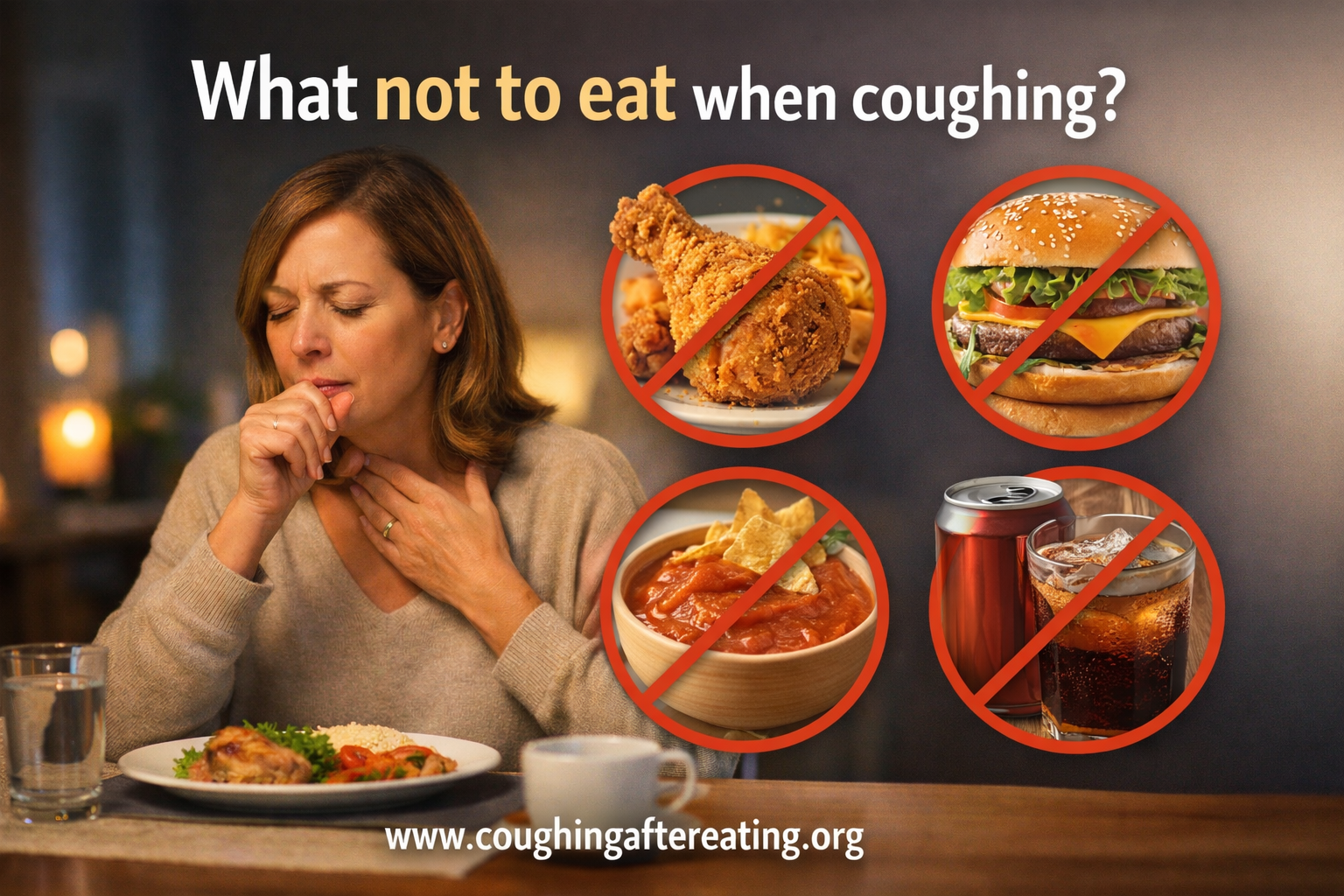 Woman coughing after a meal with foods to avoid when coughing, including fried foods, burgers, spicy snacks, and fizzy drinks