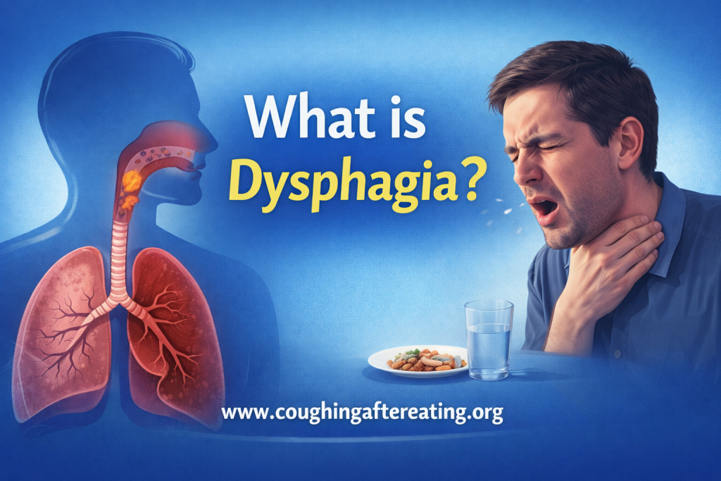 Illustration of dysphagia showing food getting stuck in the throat during swallowing