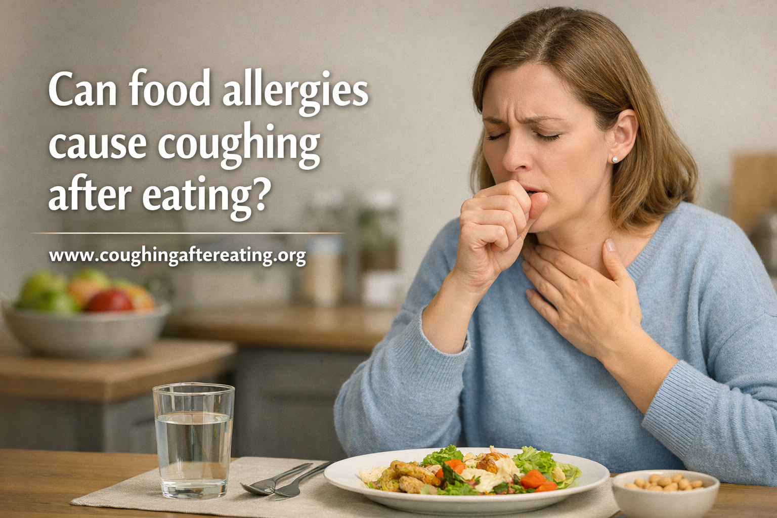 Woman coughing after eating a meal, illustrating a possible food allergy reaction