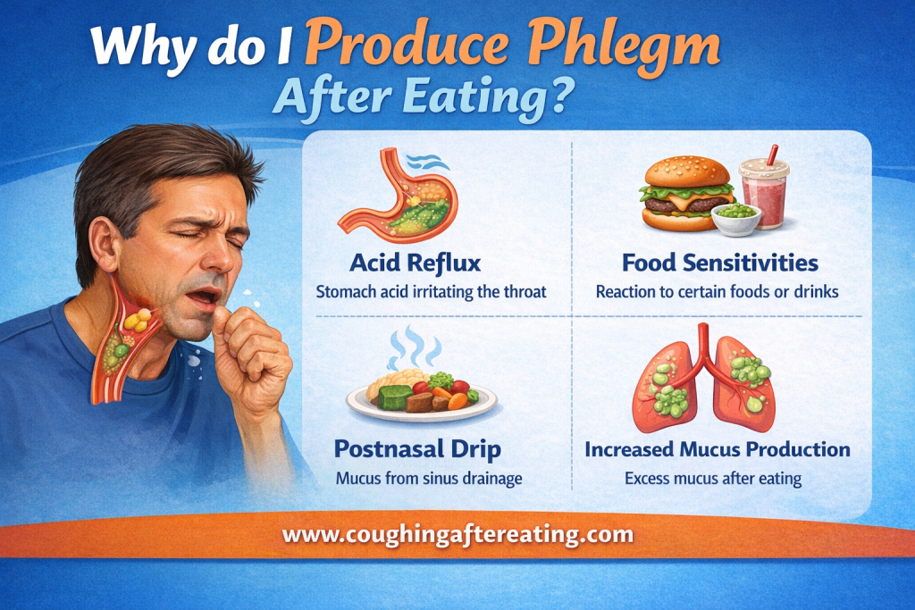 Man coughing with throat illustration explaining phlegm production after eating including reflux and postnasal drip