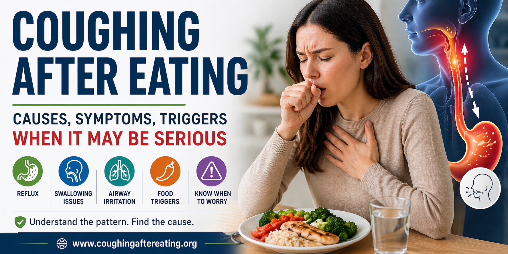 Person coughing after eating, illustrating causes and symptoms.