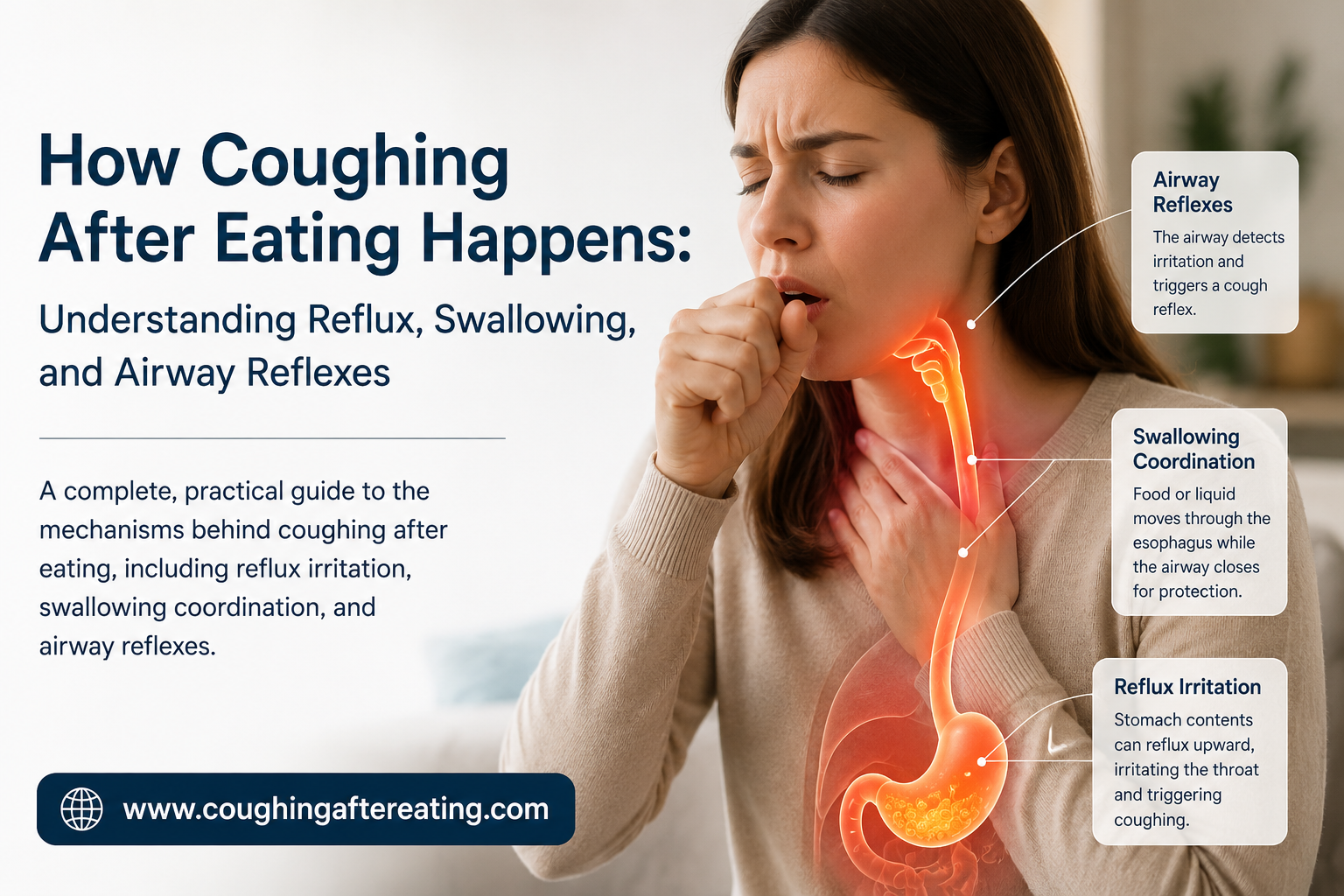 Illustration showing how coughing after eating happens through reflux irritation, swallowing coordination problems, and airway reflexes.