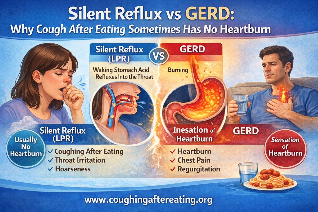 Comparison infographic showing silent reflux (LPR) versus GERD explaining why coughing after eating can occur without heartburn