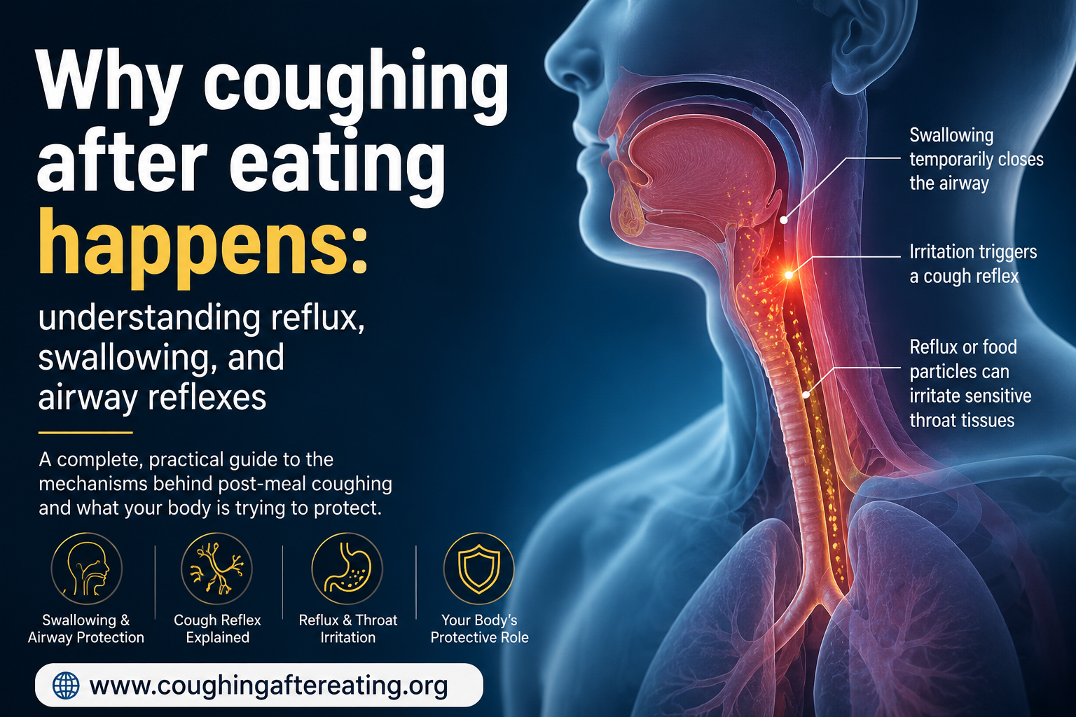 Illustration explaining why coughing after eating happens, including reflux, swallowing coordination, and airway reflexes