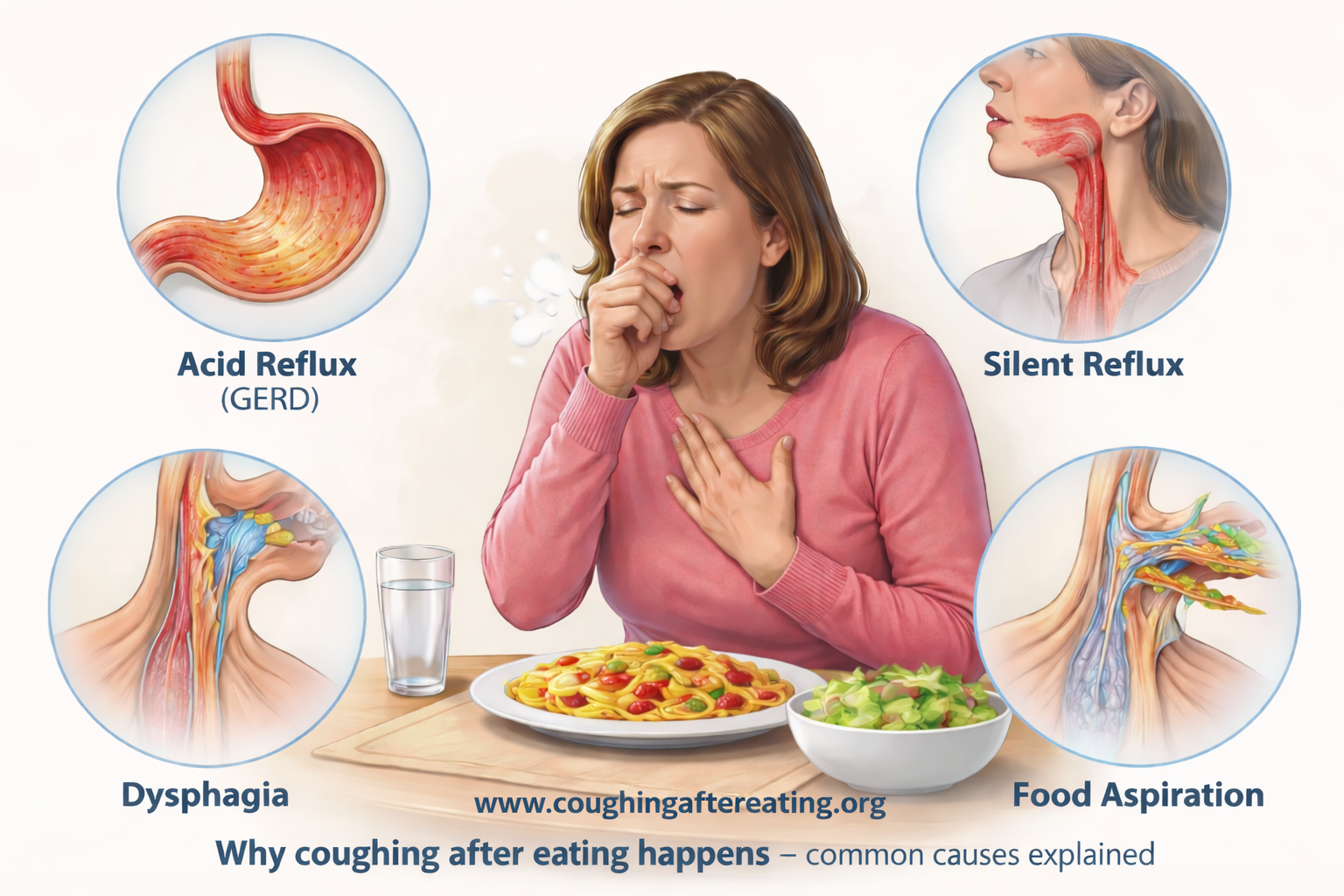Illustration showing common causes of coughing after eating including acid reflux, silent reflux, dysphagia, and food aspiration
