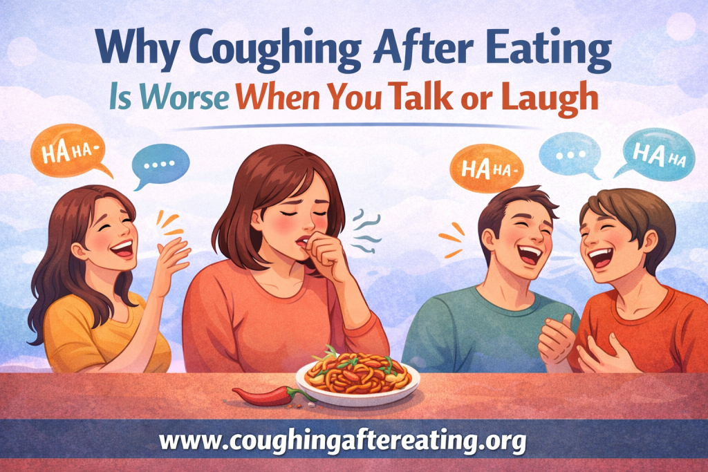 Woman coughing while eating as others talk and laugh at the table