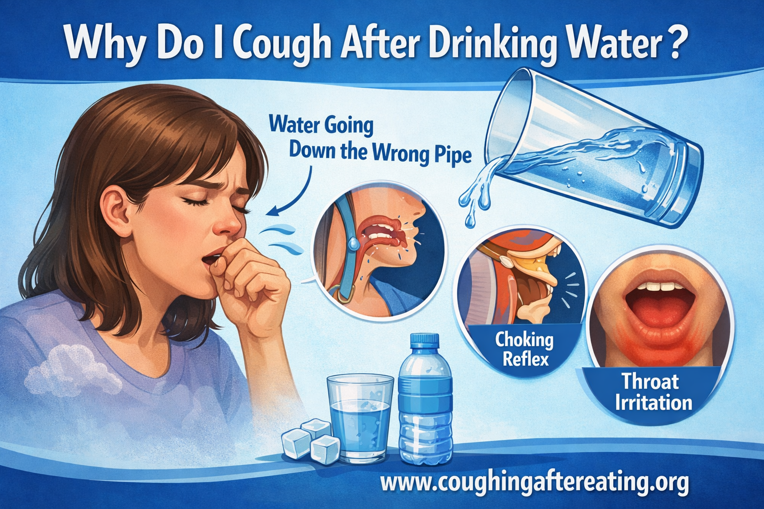Woman coughing after drinking water with illustrations showing choking reflex and throat irritation