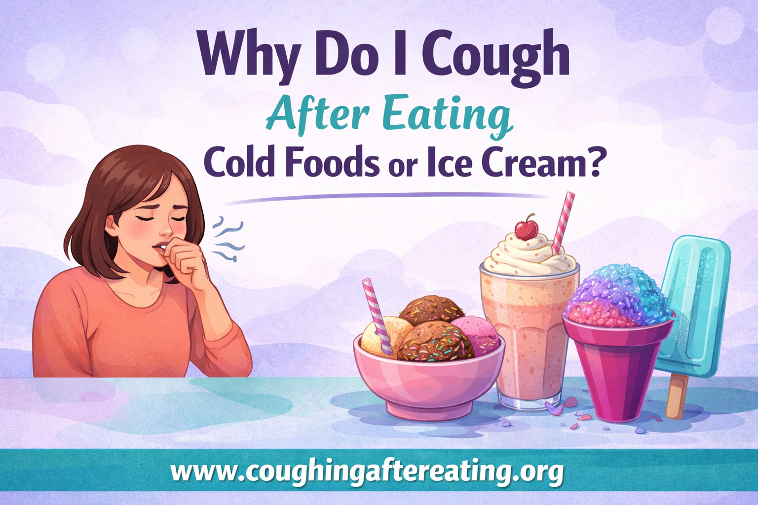 Woman coughing after eating ice cream and cold foods with milkshake and frozen desserts on table