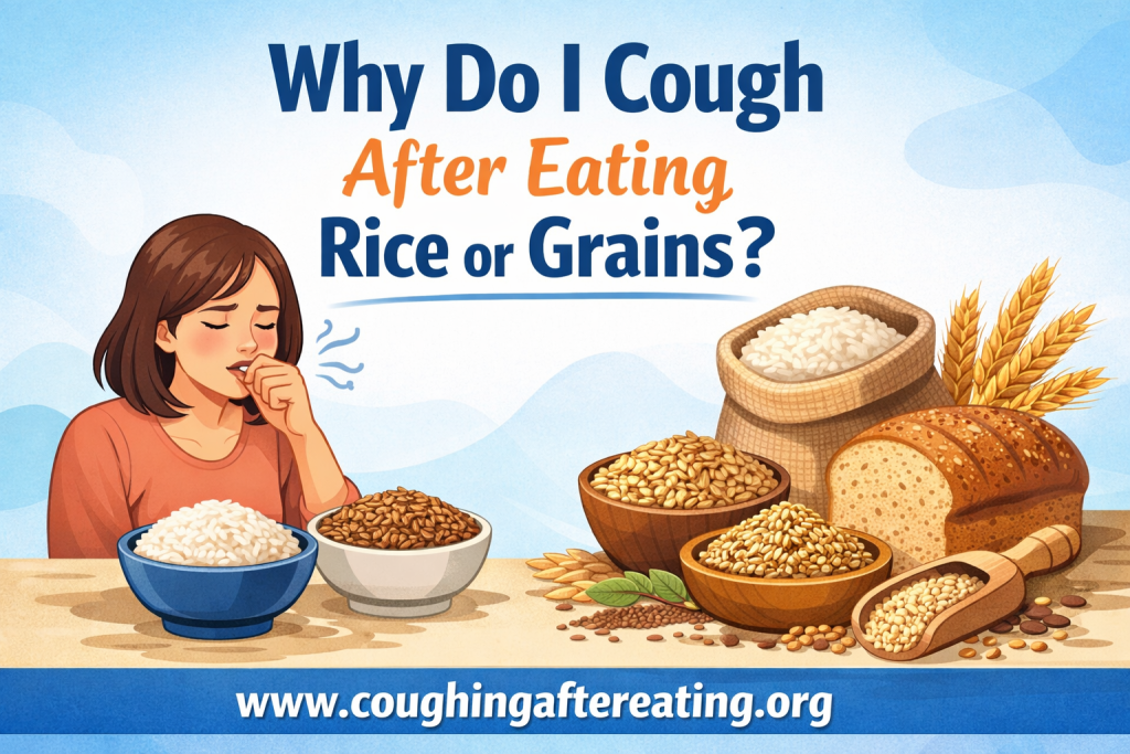 Woman coughing after eating rice and grains with bowls of rice and whole grains on table