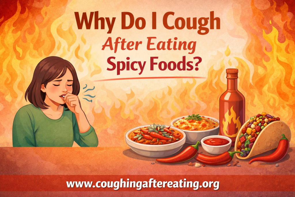 Woman coughing after eating spicy food with chili peppers and hot sauce on table