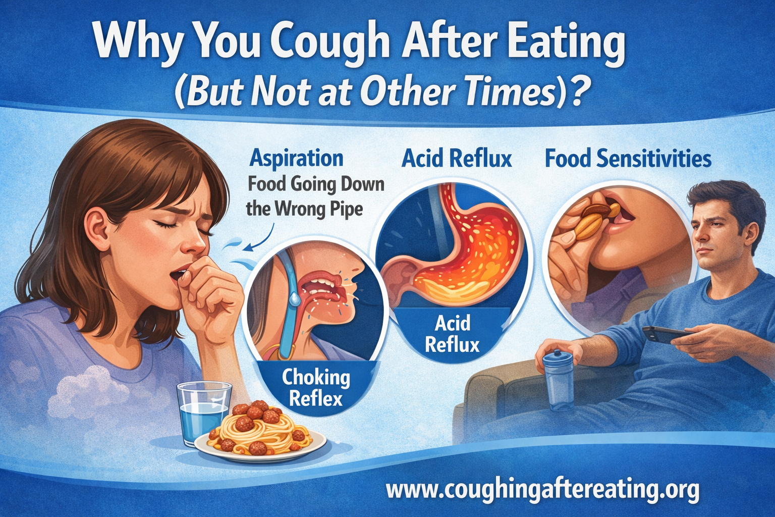 Woman coughing after eating with illustrations showing aspiration, acid reflux, and food sensitivities