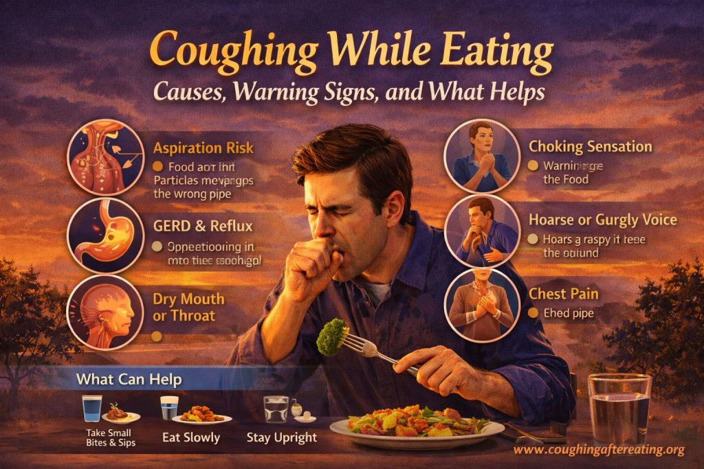 Man coughing while eating at a dinner table illustrating causes, warning signs, and practical tips to help reduce coughing during meals