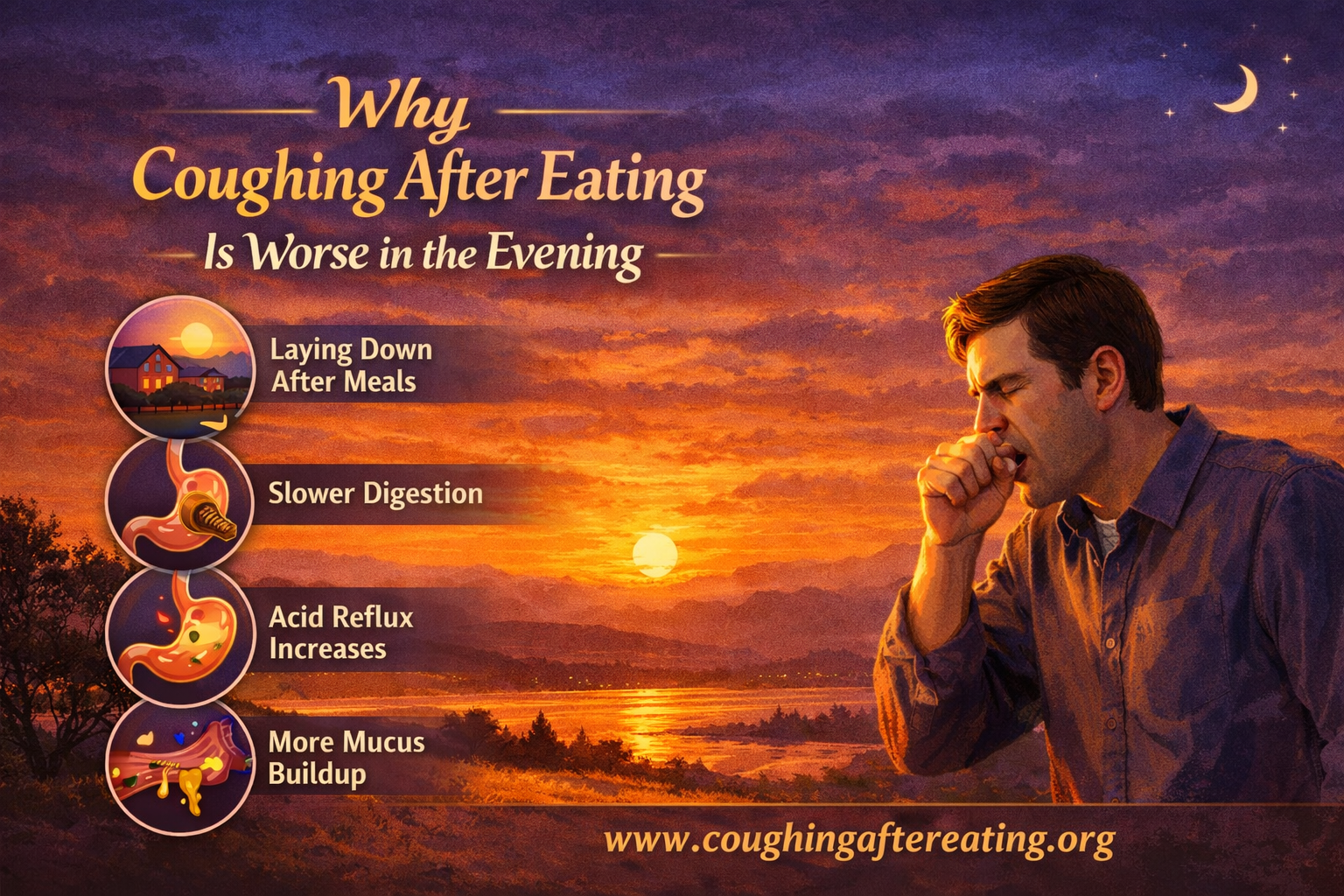 Man coughing at sunset illustrating why coughing after eating is worse in the evening due to reflux and slower digestion