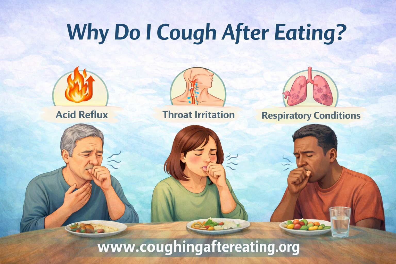 Why do I cough after eating illustration showing acid reflux, throat irritation, and respiratory causes