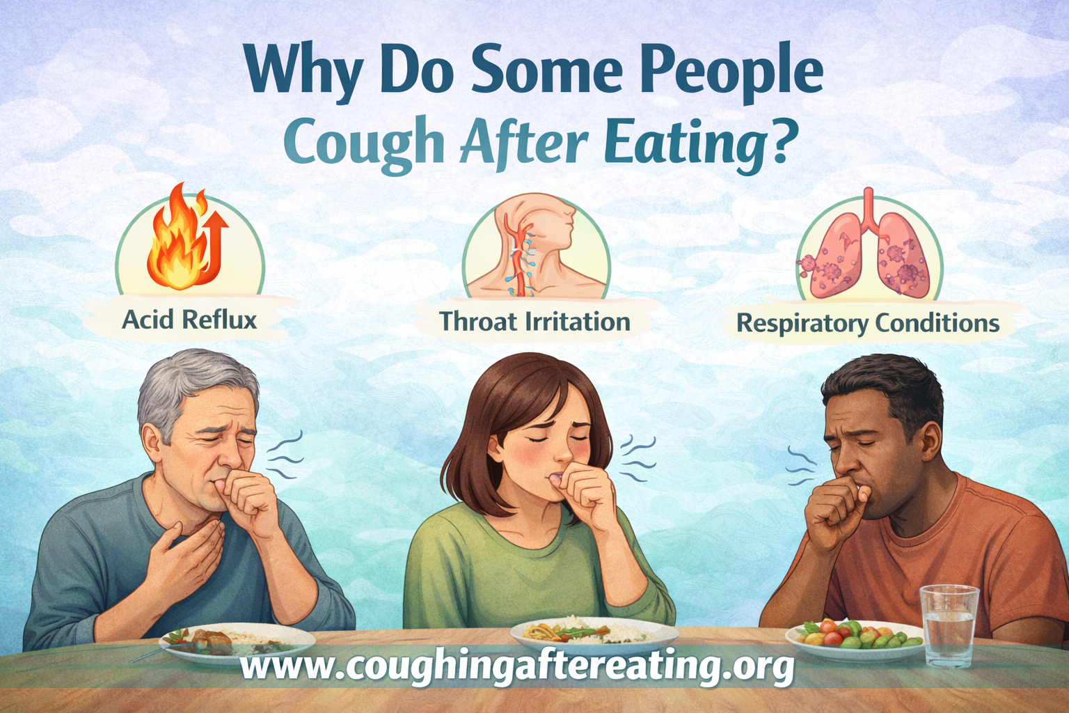 Three people coughing after eating with icons showing acid reflux, throat irritation, and respiratory causes