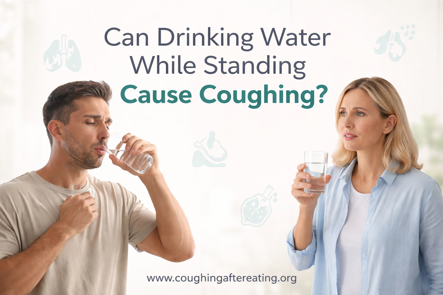 Man coughing while drinking water standing, illustrating possible coughing after eating or drinking
