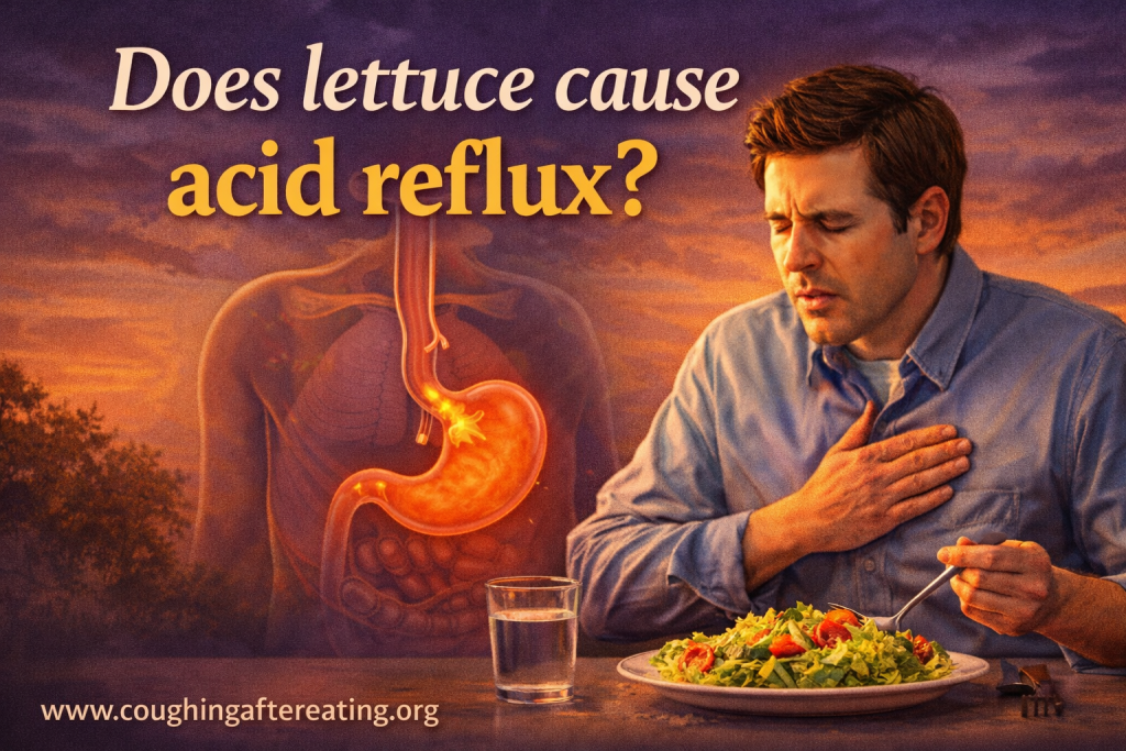 Man eating a salad and holding his chest with a digestive system illustration showing acid reflux, representing the question of whether lettuce causes acid reflux