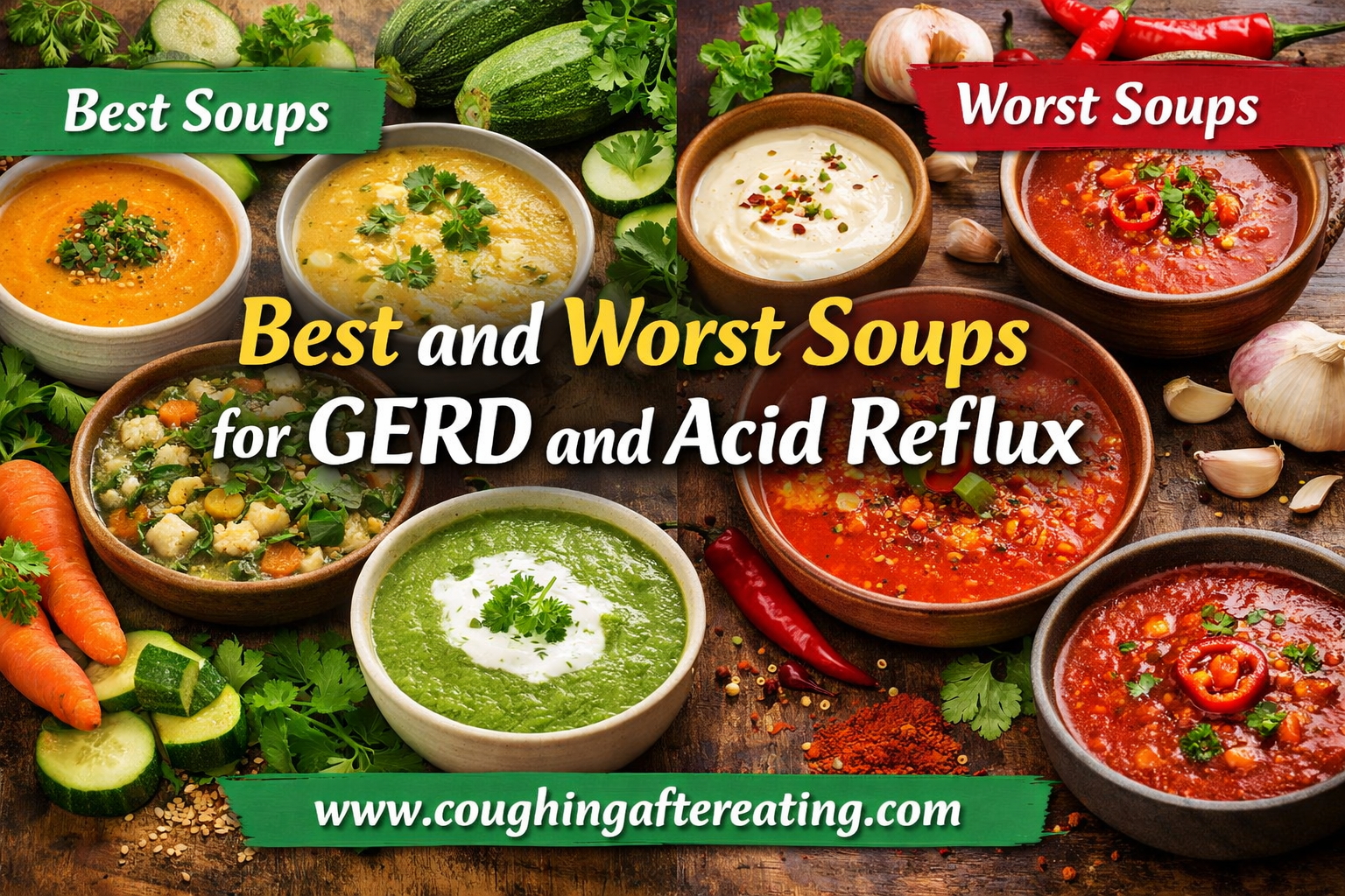 Best and worst soups for GERD and acid reflux comparison showing reflux-friendly vegetable soups and trigger soups