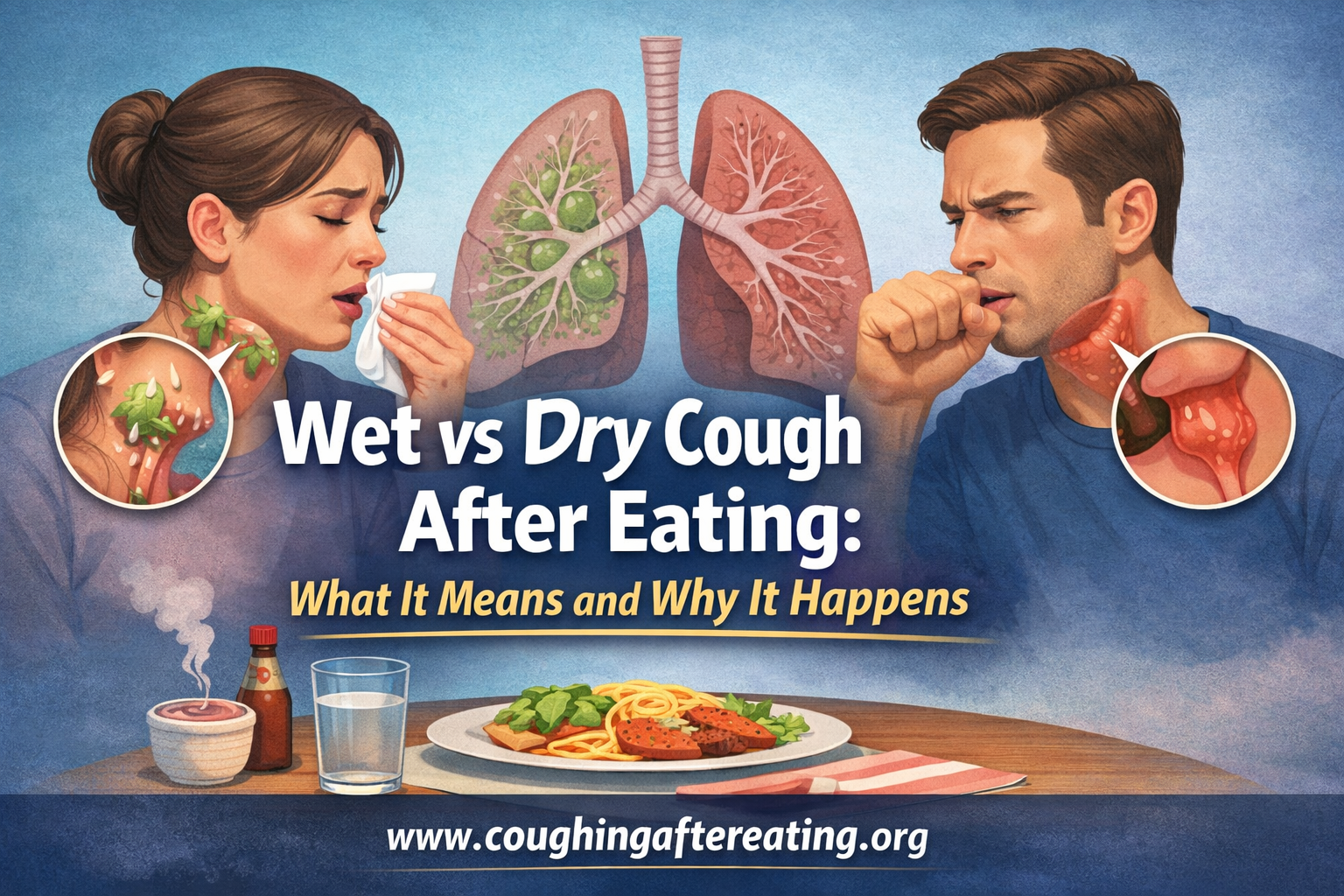 Wet vs dry cough after eating illustration showing mucus cough vs dry throat irritation