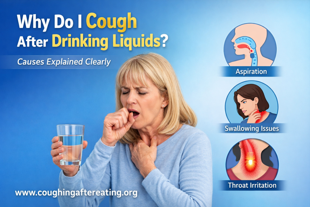 Woman coughing after drinking water showing causes of coughing after drinking liquids like aspiration and swallowing issues