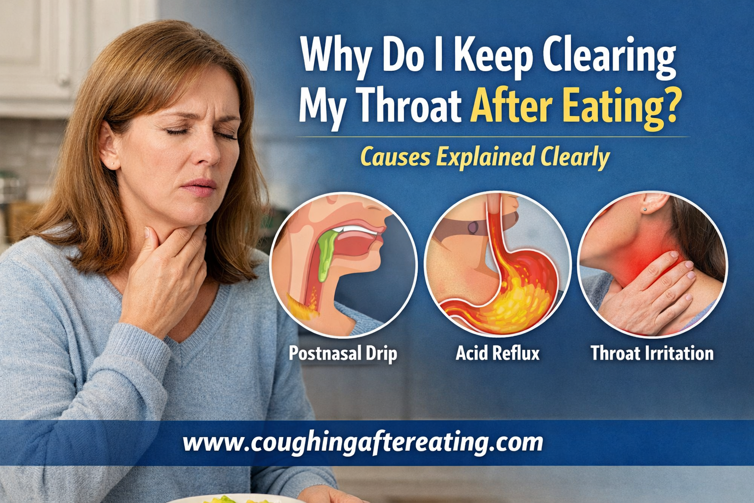 Woman clearing throat after eating showing causes like postnasal drip acid reflux and throat irritation