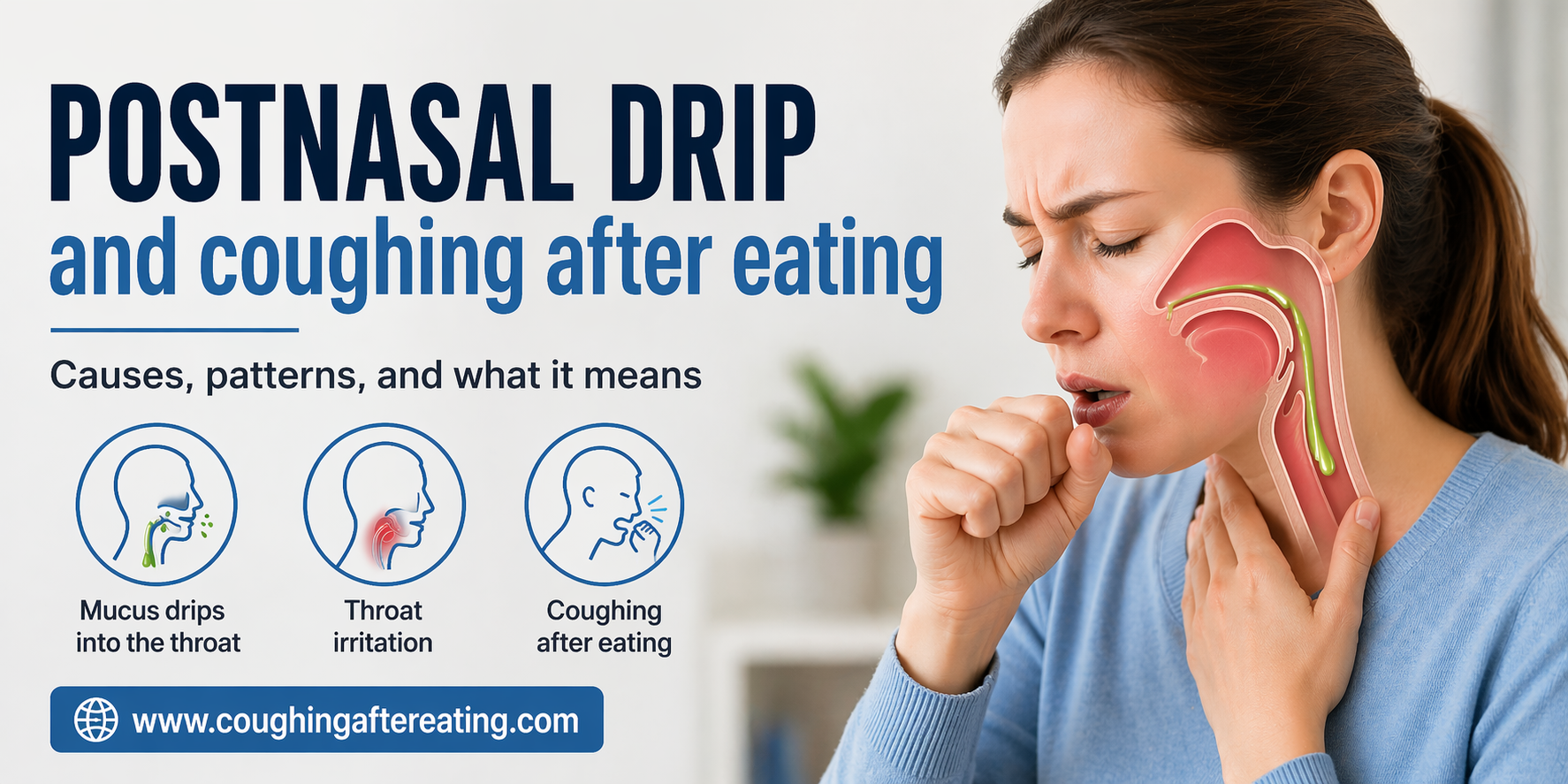 Postnasal drip causing coughing after eating with mucus dripping into the throat