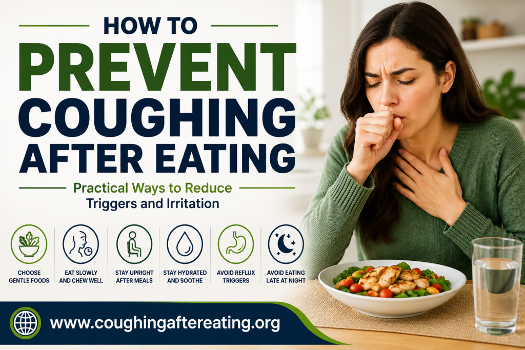 Woman coughing after eating with prevention tips for reducing coughing after meals