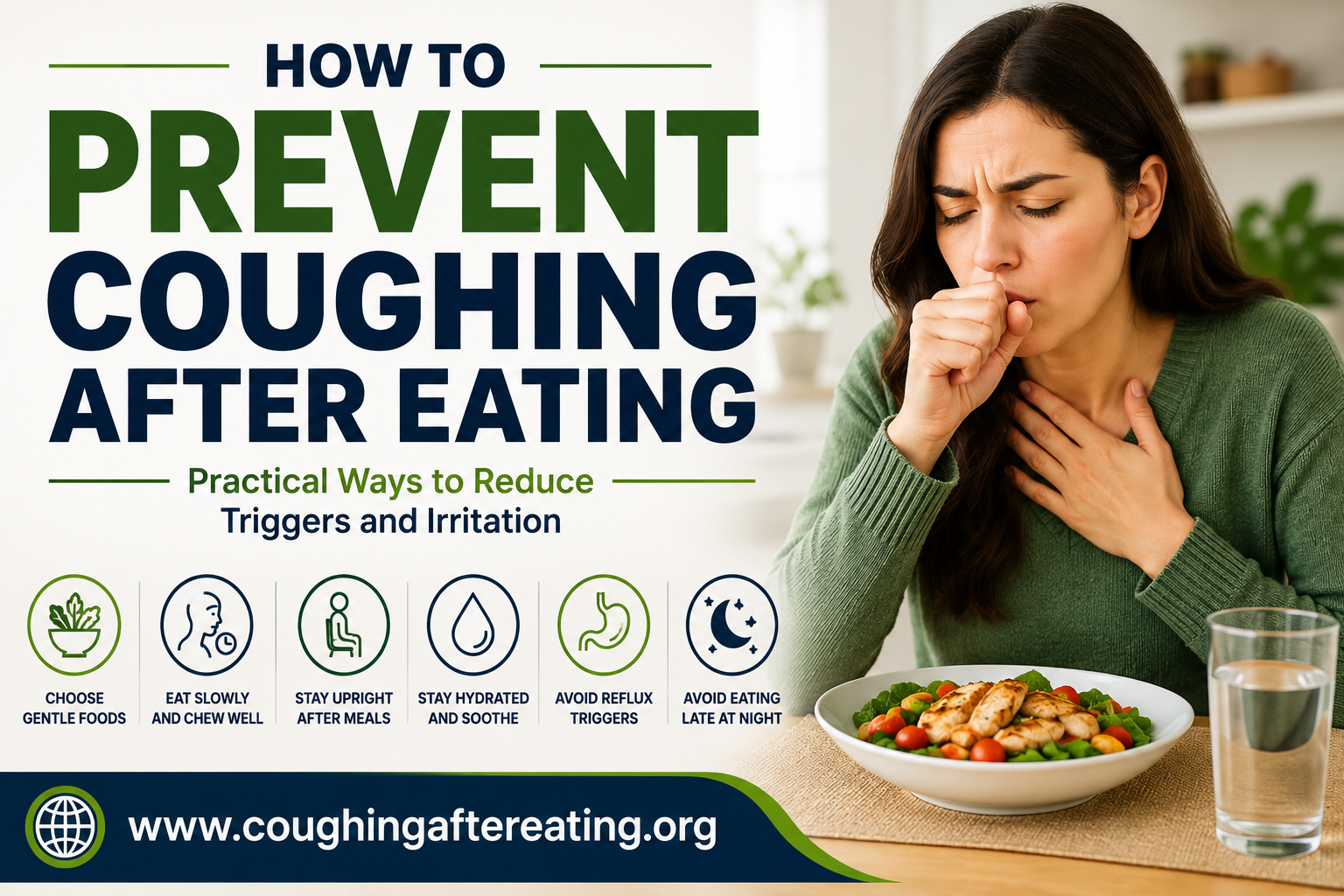 Woman coughing after eating with prevention tips for reducing coughing after meals