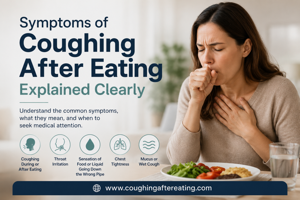Woman coughing after eating while experiencing throat irritation and chest discomfort