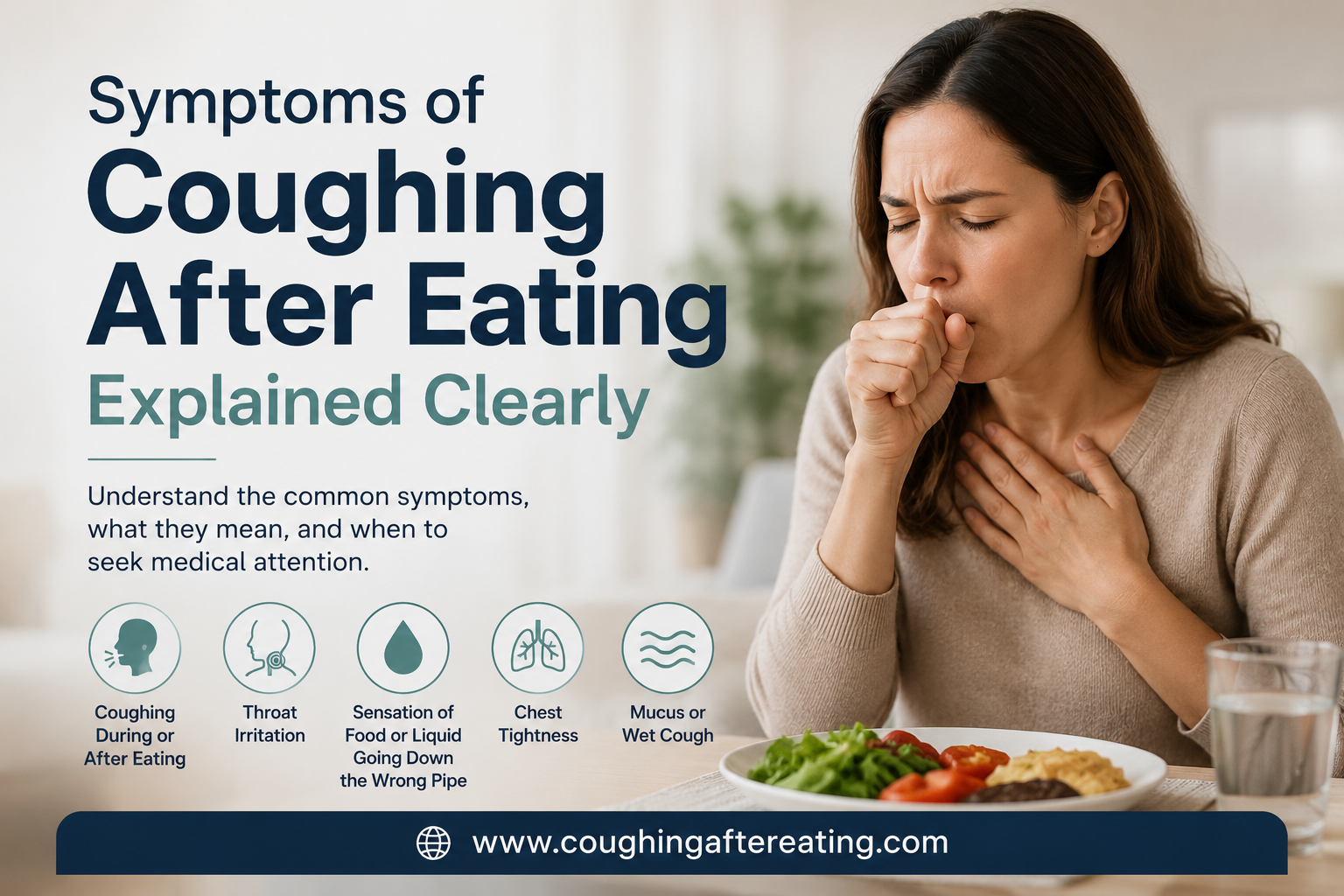 Woman coughing after eating while experiencing throat irritation and chest discomfort