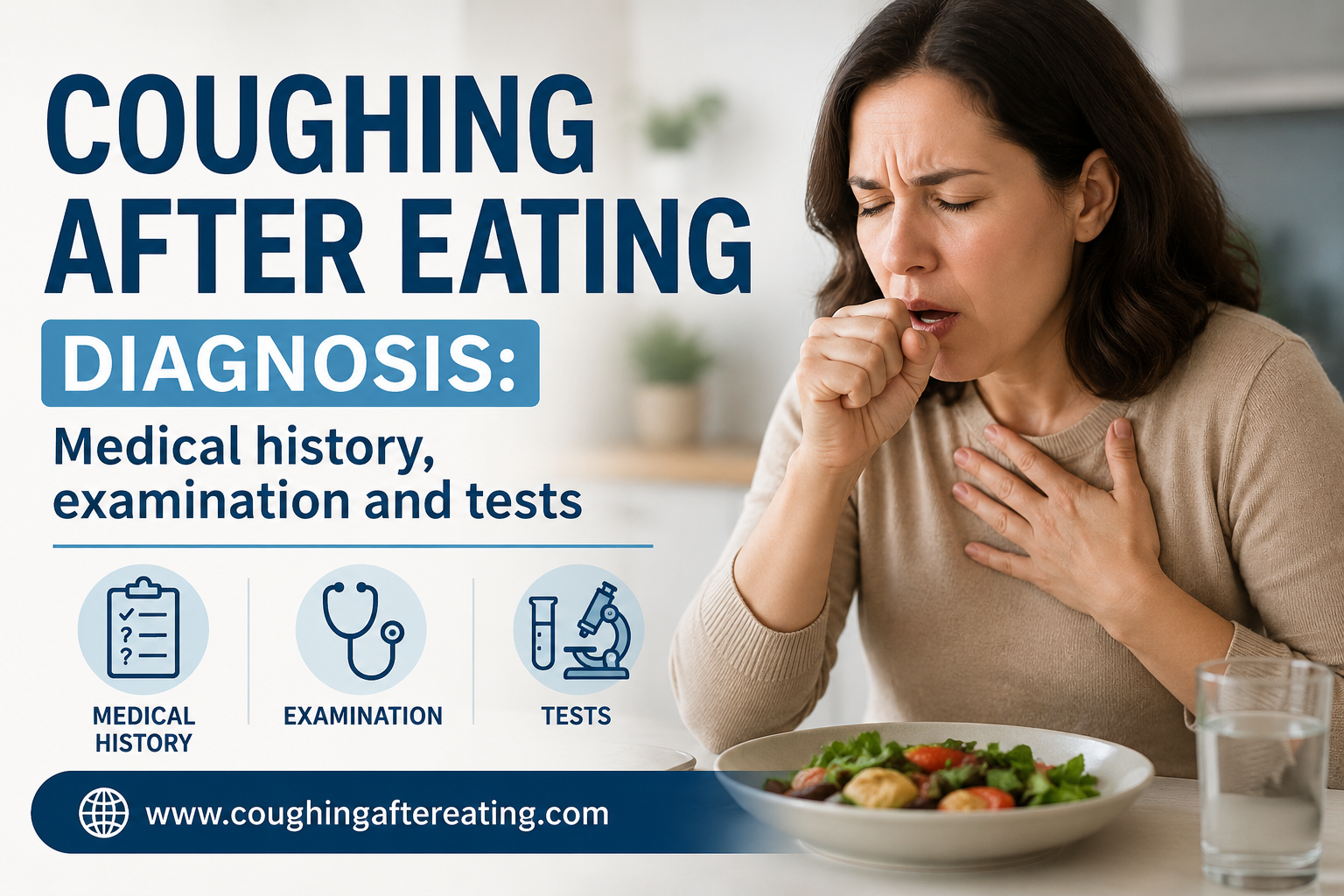 Illustration showing the diagnosis of coughing after eating, including medical history, physical examination and diagnostic tests.