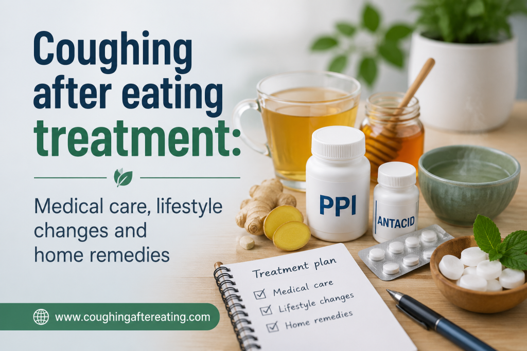 Illustration showing treatment options for coughing after eating, including medical care, lifestyle changes and home remedies.