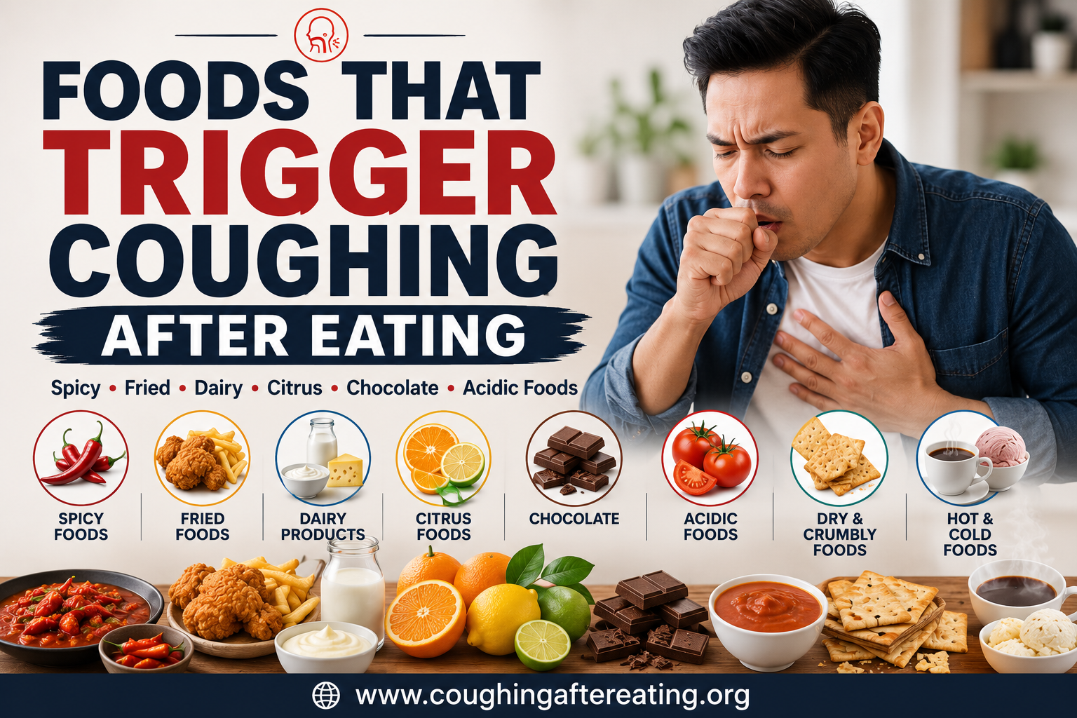 Foods that trigger coughing after eating including spicy foods, fried foods, dairy products, citrus fruits, chocolate, acidic foods, dry foods, and hot or cold foods