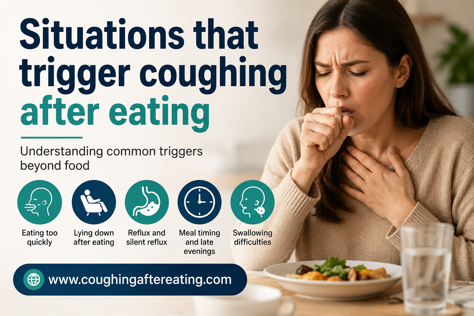 Woman coughing during a meal illustrating common situations that trigger coughing after eating, including eating too quickly, reflux, swallowing difficulties, meal timing, and lying down after meals.