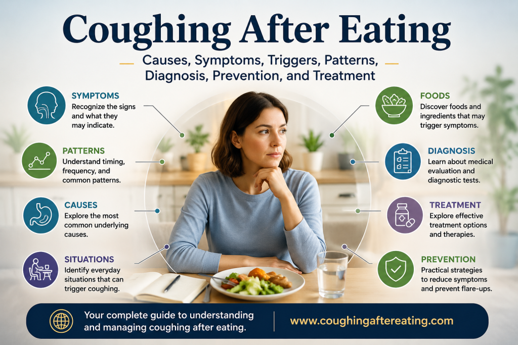 Illustration showing the main aspects of coughing after eating, including symptoms, patterns, causes, food triggers, diagnosis, treatment, and prevention.
