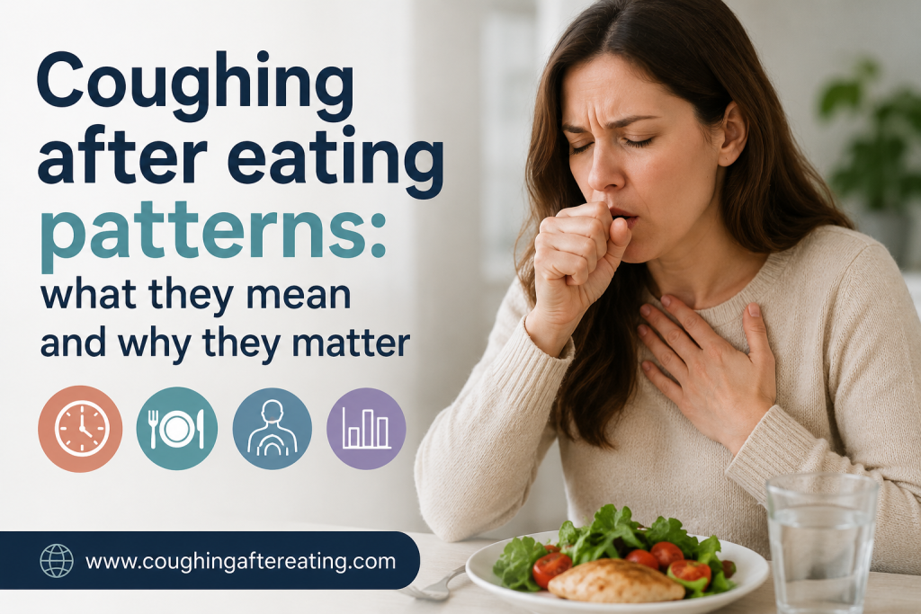 Person coughing after eating with illustration representing coughing after eating patterns and recurring symptom patterns.